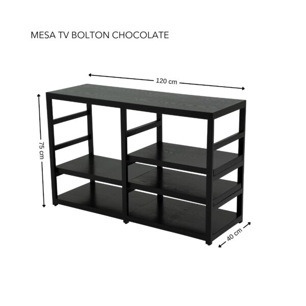 MESA TV BOLTON 3 ENTREPAÑOS CHOCOLATE 120 ANCH - Imagen 5