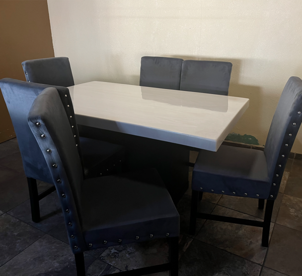COMEDOR SON 6 SILLAS SOFI TERCIOPELO GRIS PLOMO